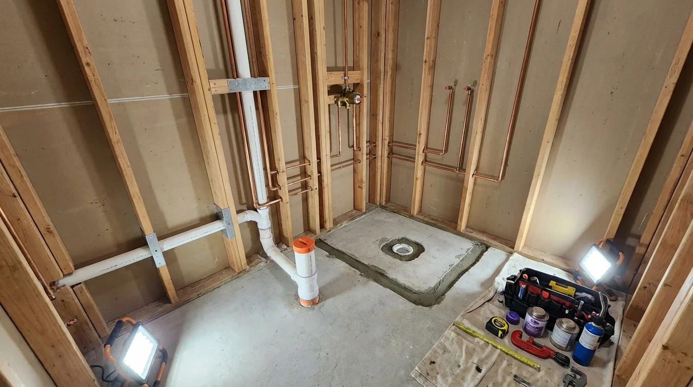 Bathroom rough-in plumbing during remodel by Johns Plumbing LLC in Greenland