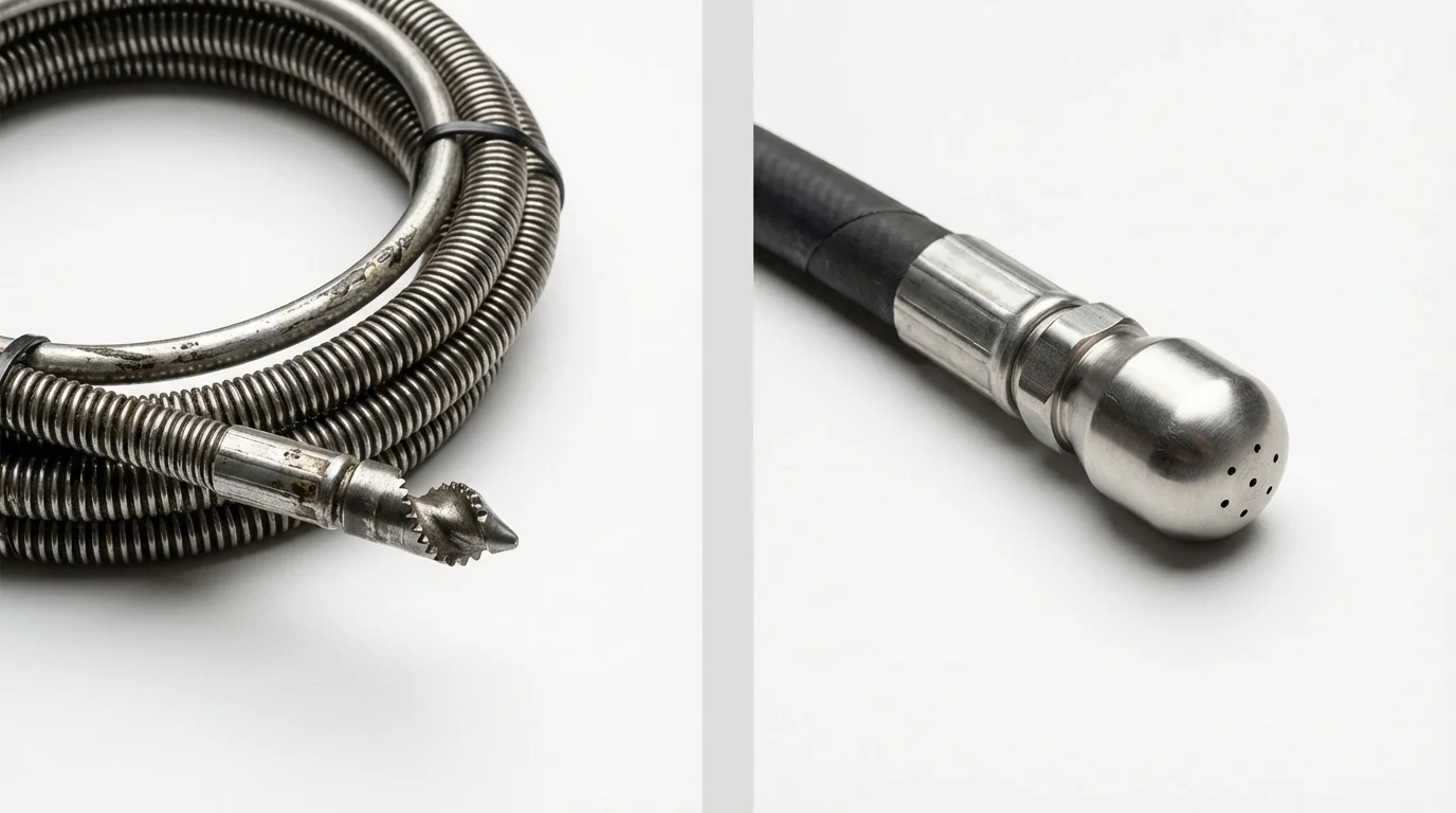 Drain snake cable and hydro jetting nozzle used for drain cleaning in Greenland, NH