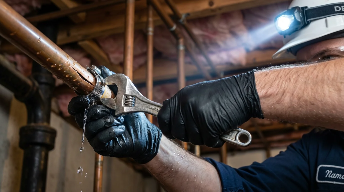 Emergency pipe clamp repair being performed by a Johns Plumbing LLC plumber in Greenland