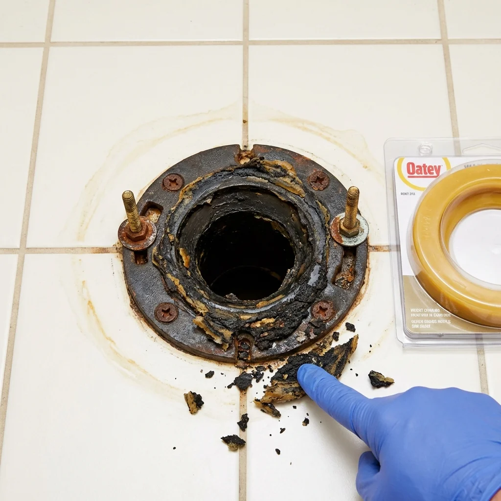 Failed wax ring showing water seepage at the base of a toilet in a Greenland, NH home