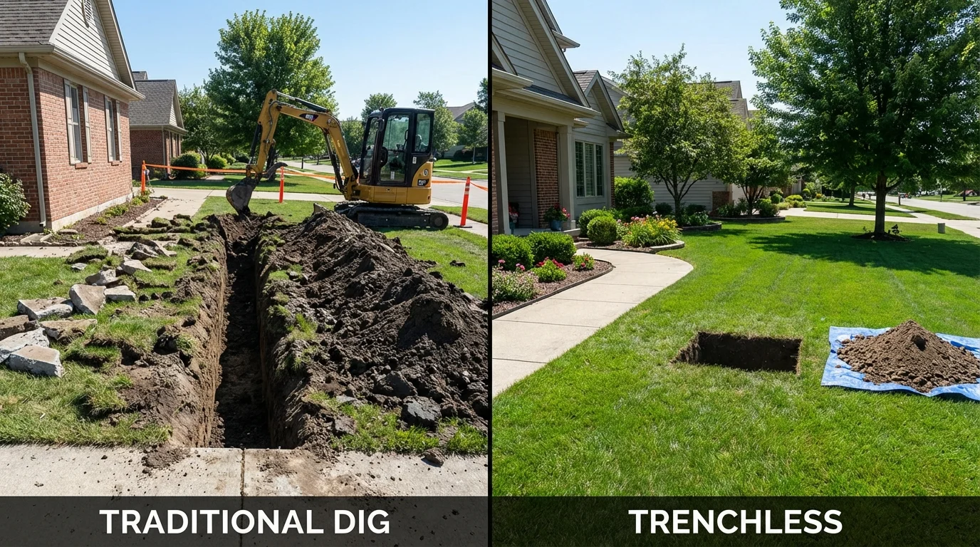 Trenchless sewer repair with minimal yard damage versus traditional excavation in Greenland, NH