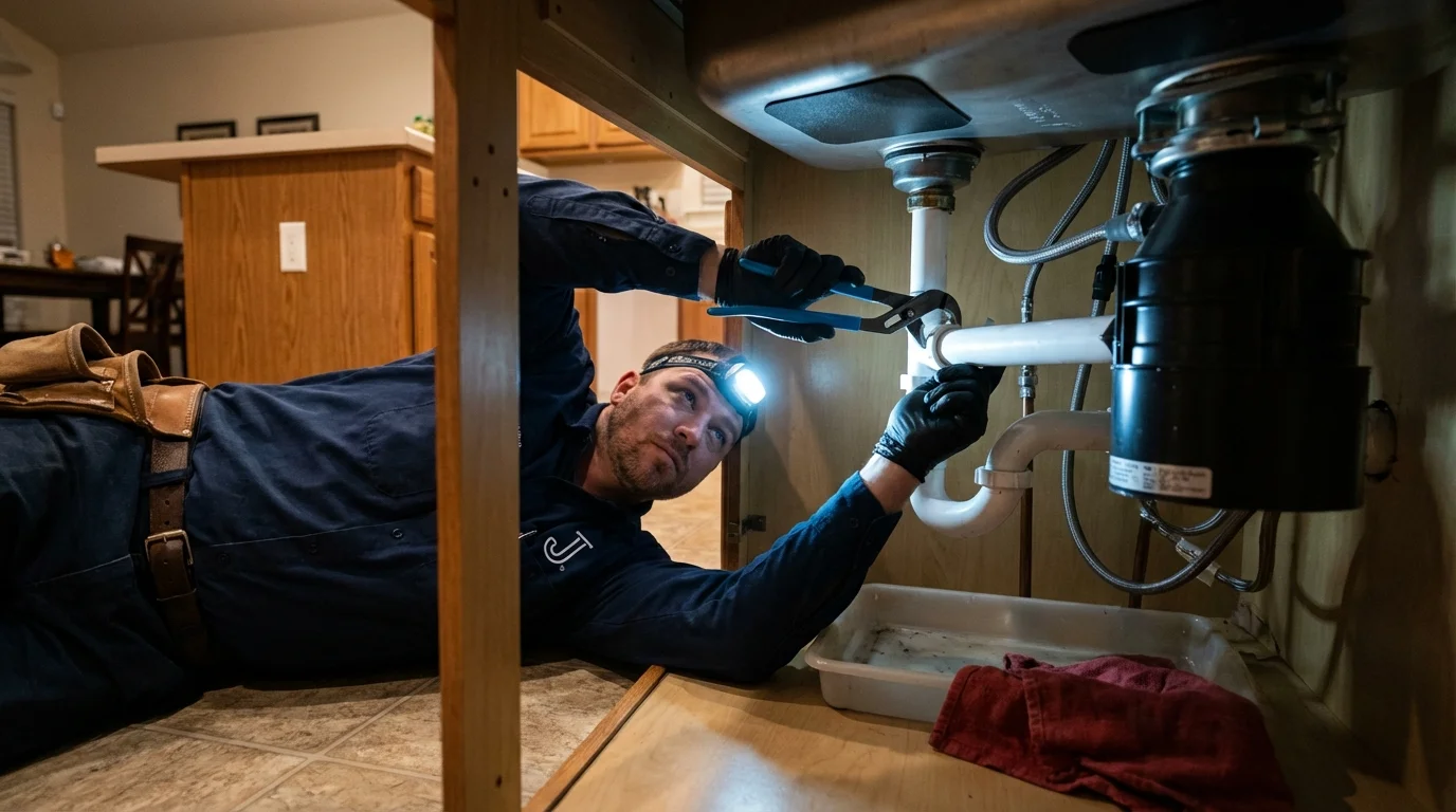 P-trap and supply line connections under a kitchen sink showing a common leak point in Greenland, NH